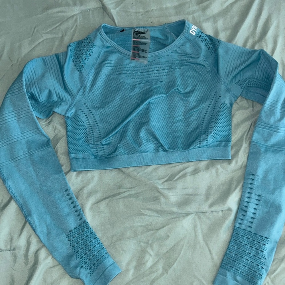 Women's Gymshark Flex Baby Blue Seamless Crop Long Sleeve Top Workout Size XS